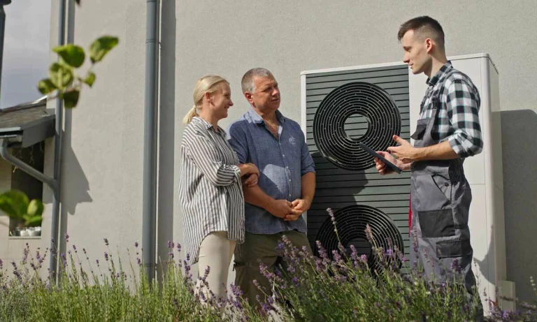 HVAC technician explaining a new heat pump to homeowners