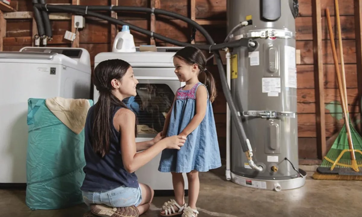 A family talking in the garage near the water heater