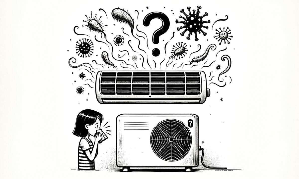 Illustration of a person and the contaminants from an AC system