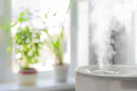 A photograph of a humidifier with mist coming out of it in a home.