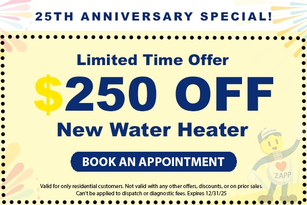 Image of a coupon for $250 off a new water heater. Click here to book an appointment.