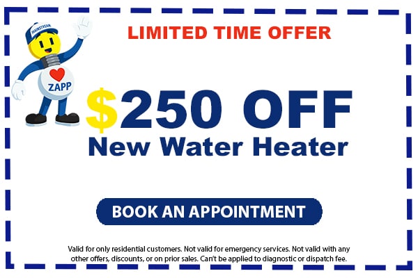 Image of a coupon for $250 off a new water heater. Click here to book an appointment.