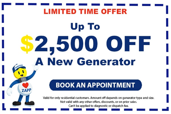 Image of a coupon for up to $2500 off a new generator. Click here to book an appointment.