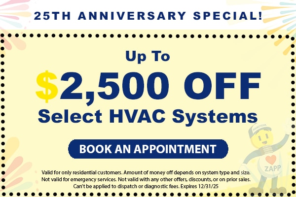 Image of a coupon for up to $2500 off select hvac systems. Click here to book an appointment.