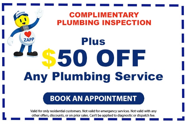 Image of a coupon for a complimentary plumbing inspection plus $50 off any plumbing service. Click here to book an appointment.