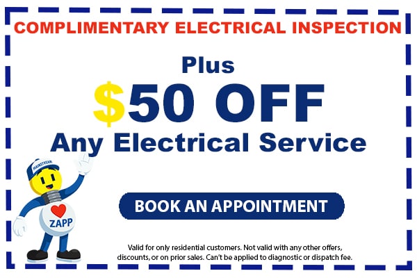 Image of a coupon for a complimentary electrical inspection plus $50 off any electrical service. Click here to book an appointment.