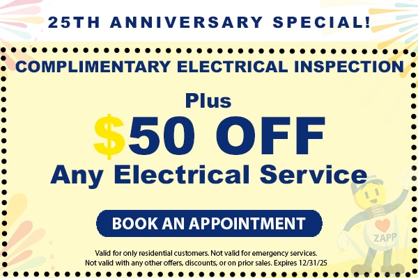 Image of a coupon for a complimentary electrical inspection plus $50 off any electrical service. Click here to book an appointment.