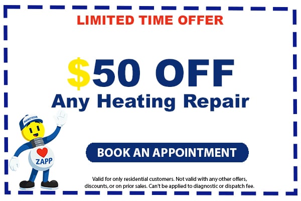Image of a coupon for $50 off any heating system repair. Click here to book an appointment.