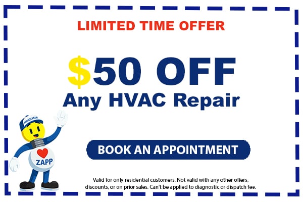 Image of a coupon for $50 off any hvac system repair. Click here to book an appointment.