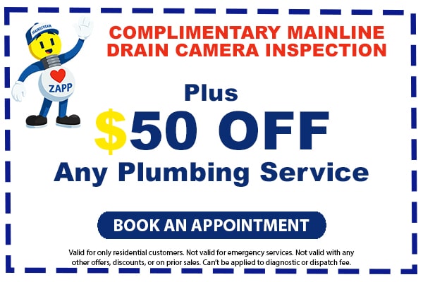 Image of a coupon for a complimentary mainline drain camera inspection plus $50 off any plumbing service. Click here to book an appointment.