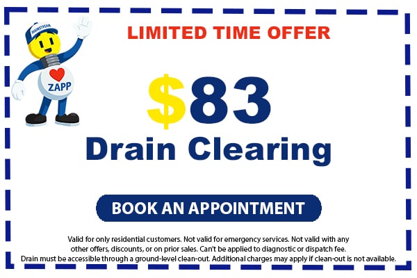 Image of a coupon for an $83 drain clearing offer. Click here to book an appointment.
