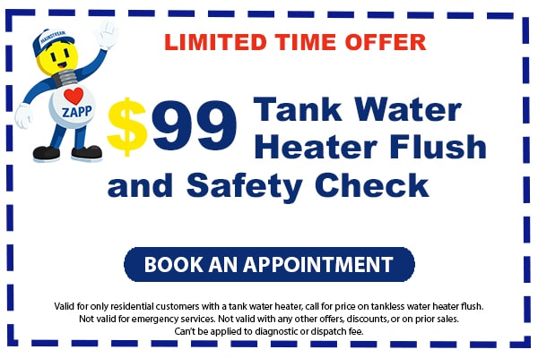 Image of a coupon for a $99 tank water heater flush and safety check. Click here to book an appointment.