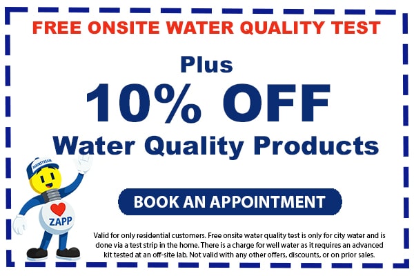 Image of a coupon for a free onsite water quality test plus 10% off water quality products. Click here to book an appointment.