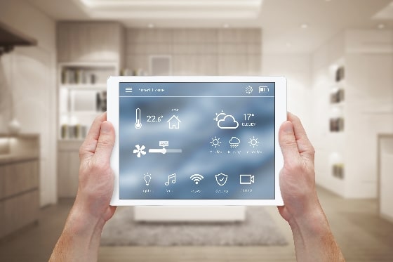 A tablet device showing functions common in a smart home