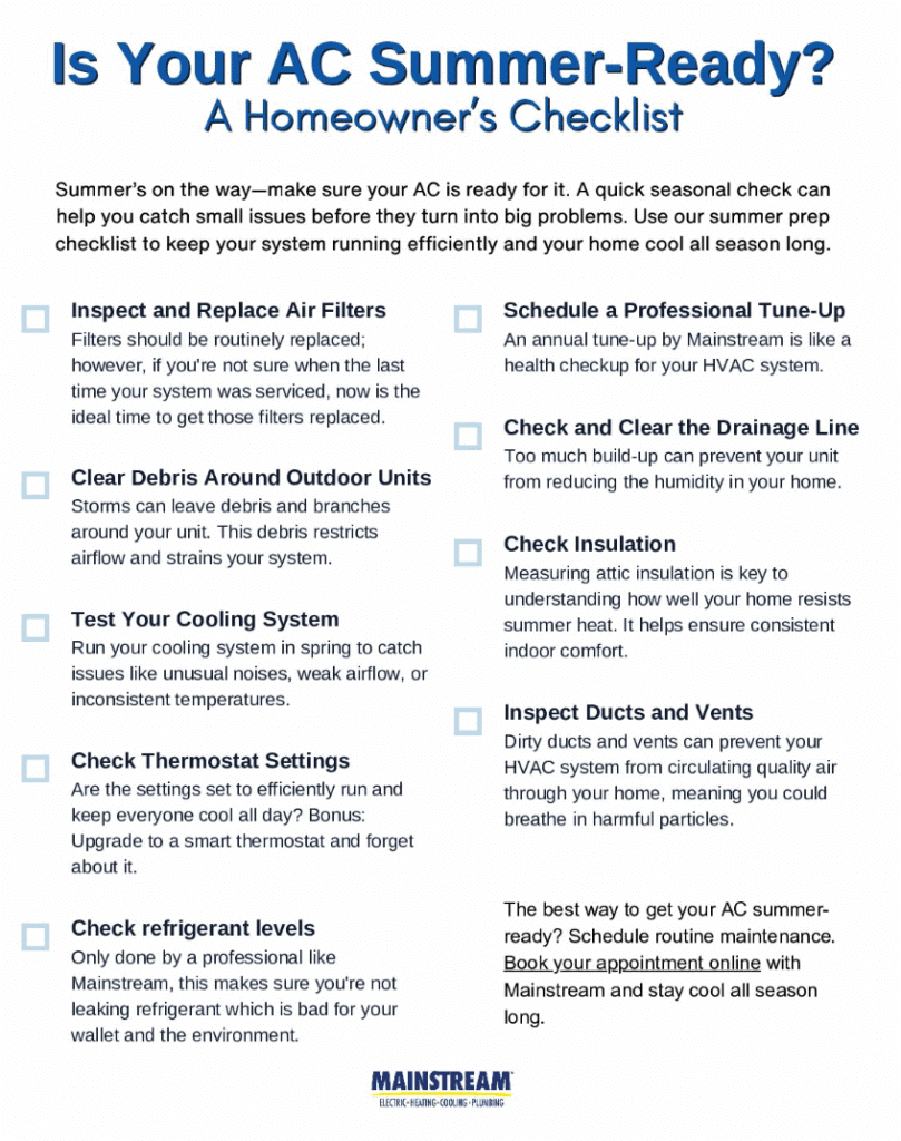 Preview Image of the summer checklist PDF by Mainstream Home Services