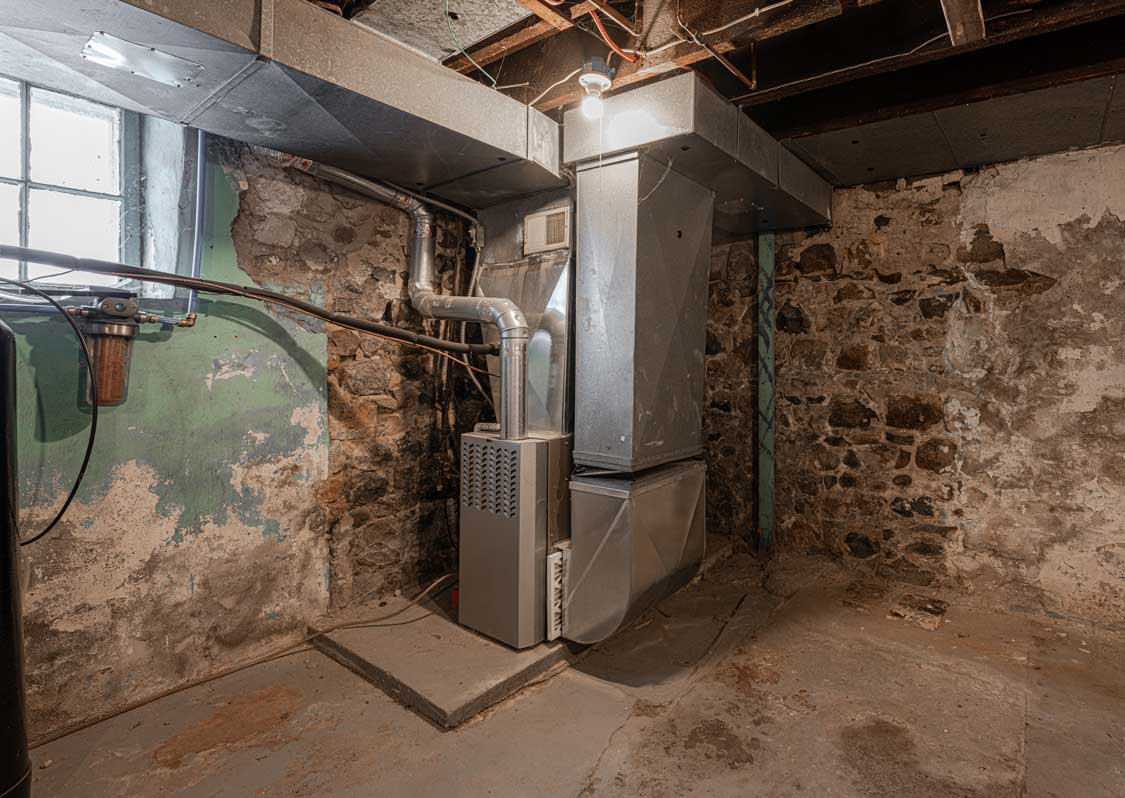 An older furnace recently repaired in a stone wall room