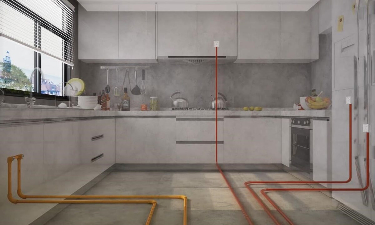 A photo of a kitchen with gas lines overlaid to show gas appliance locations