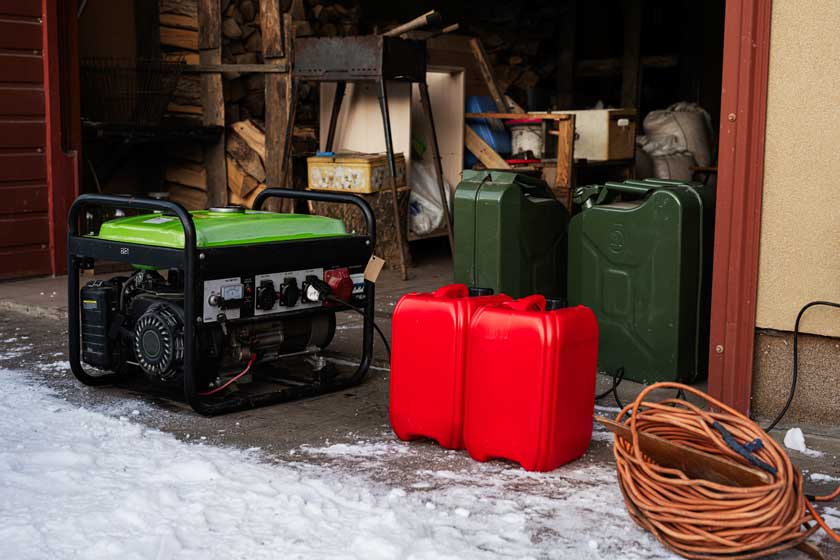 A portable, backup generator with cans of fuel outside a garage with snow all around